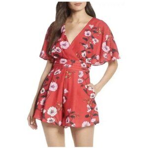 Keepsake red floral print romper summer wedding guest NWTS flawed new XS (1D)